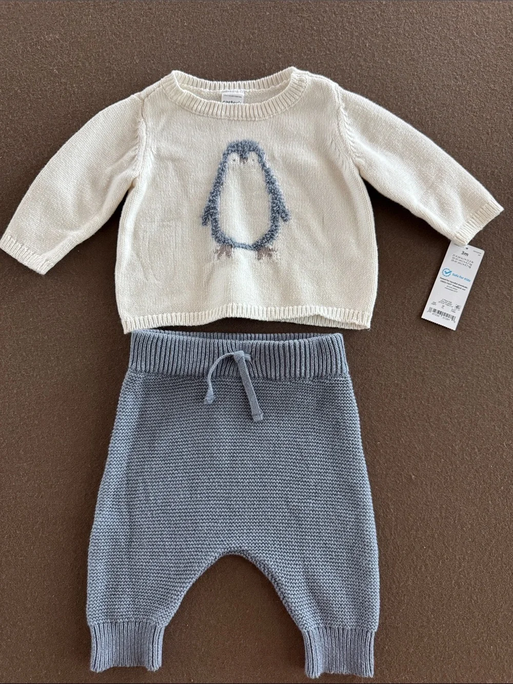 Carter's Cream Penguin Knit Sweater and Gray Knit Pants